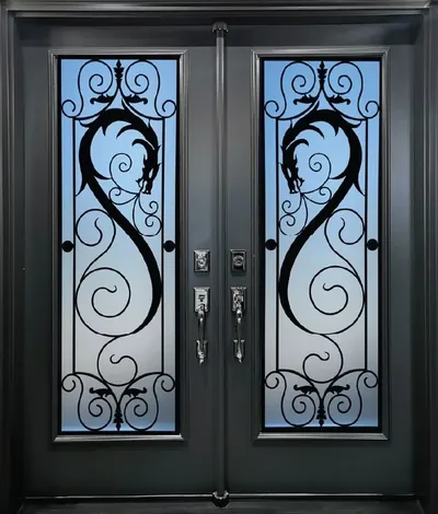 Dragon wrought iron glass door insert in Ottawa
