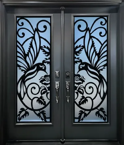 Peacock wrought iron glass door insert in Ottawa