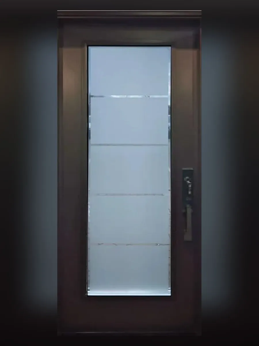 Sandblasted 5 panel frosted glass in a front door, installed in Ottawa