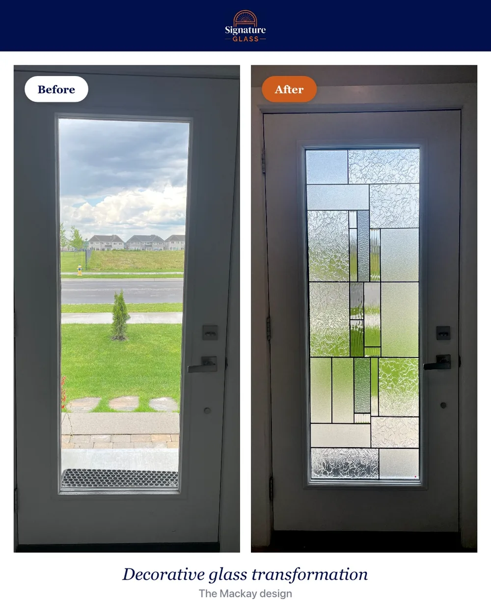 Before and after glass door insert in Orléans, the Mackay design
